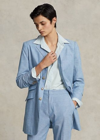 Blazers longs en coton chambray bleu Ralph Lauren pour femme