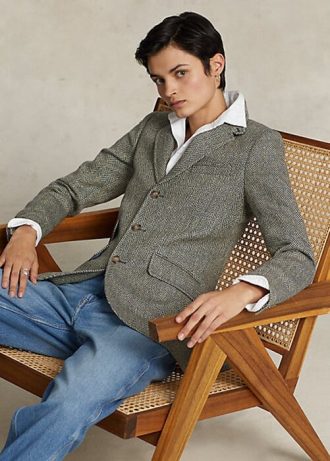 Blazers Ralph Lauren bleu marine/crème en lin mélangé à chevrons pour femme