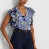 Chemises bleues en georgette froissée à fleurs Ralph Lauren pour femmes