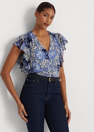 Chemises bleues en georgette froissée à fleurs Ralph Lauren pour femmes