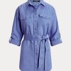 Chemises en lin bleues à ceinture Ralph Lauren pour femmes Chemises en lin bleues à ceinture Ralph Lauren pour femmes