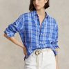 Chemises en lin à carreaux bleu Ralph Lauren pour femme, coupe décontractée Chemises en lin à carreaux bleu Ralph Lauren pour femme, coupe décontractée