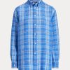 Chemises en lin à carreaux bleu Ralph Lauren pour femme, coupe décontractée Chemises en lin à carreaux bleu Ralph Lauren pour femme, coupe décontractée
