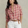 Chemises en lin à carreaux coupe décontractée Ralph Lauren roses pour femmes Chemises en lin à carreaux coupe décontractée Ralph Lauren roses pour femmes