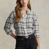 Chemises en lin à carreaux Ralph Lauren noires et blanches pour femme, coupe décontractée