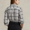 Chemises en lin à carreaux Ralph Lauren noires et blanches pour femme, coupe décontractée
