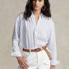 Chemises en lin rayées bleues Ralph Lauren pour femmes, coupe décontractée Chemises en lin rayées bleues Ralph Lauren pour femmes, coupe décontractée