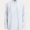 Chemises en lin rayées bleues Ralph Lauren pour femmes, coupe décontractée Chemises en lin rayées bleues Ralph Lauren pour femmes, coupe décontractée