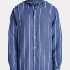 Chemises en lin rayées bleues Ralph Lauren pour femmes, coupe décontractée Chemises en lin rayées bleues Ralph Lauren pour femmes, coupe décontractée
