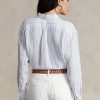 Chemises en lin rayées bleues Ralph Lauren pour femmes, coupe décontractée Chemises en lin rayées bleues Ralph Lauren pour femmes, coupe décontractée