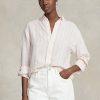Chemises en lin rayées coupe décontractée Ralph Lauren roses pour femmes Chemises en lin rayées coupe décontractée Ralph Lauren roses pour femmes