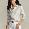 Chemises en lin rayées Ralph Lauren marron/blanc pour femme, coupe décontractée Chemises en lin rayées Ralph Lauren marron/blanc pour femme, coupe décontractée