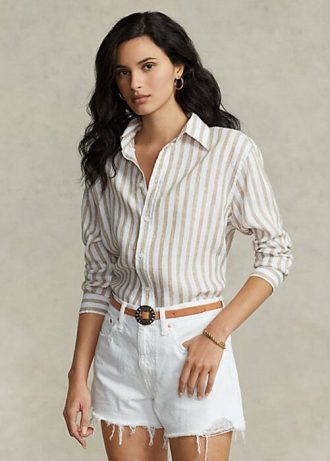 Chemises en lin rayées Ralph Lauren marron/blanc pour femme, coupe décontractée