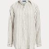 Chemises en lin rayées Ralph Lauren marron/blanc pour femme, coupe décontractée Chemises en lin rayées Ralph Lauren marron/blanc pour femme, coupe décontractée