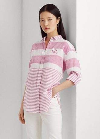 Chemises en lin surdimensionnées à rayures roses Ralph Lauren pour femmes