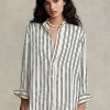 Chemises en satin à rayures oversize noires et crème Ralph Lauren pour femme