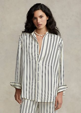 Chemises en satin à rayures oversize noires et crème Ralph Lauren pour femme