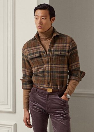 Chemises en tweed de laine à carreaux et patchs en daim Ralph Lauren marron pour homme