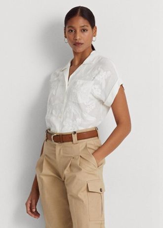 Chemisier blanc à manches courtes en voile à œillets Ralph Lauren pour femme