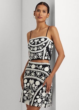 Chemisier court sans manches brodé Ralph Lauren noir/blanc pour femme