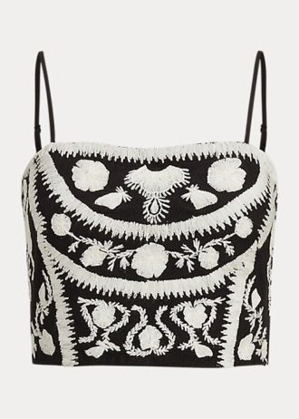 Chemisier court sans manches brodé Ralph Lauren noir/blanc pour femme