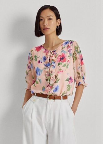 Chemisier en georgette froissée à fleurs Ralph Lauren rose pour femme