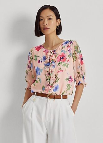 Chemisier en georgette froissée à fleurs Ralph Lauren rose pour femme