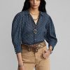 Chemisier en voile de coton froissé à fleurs bleu Ralph Lauren pour femme Chemisier en voile de coton froissé à fleurs bleu Ralph Lauren pour femme