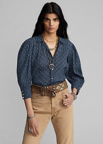 Chemisier en voile de coton froissé à fleurs bleu Ralph Lauren pour femme