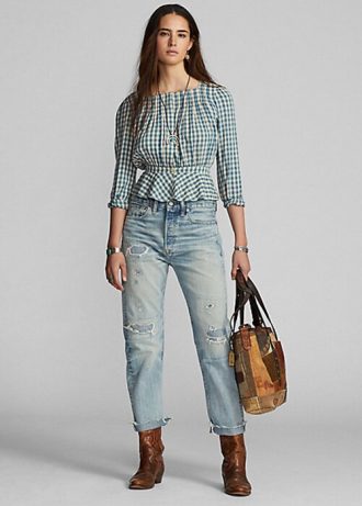 Chemisier péplum en voile vichy Ralph Lauren crème/bleu pour femme