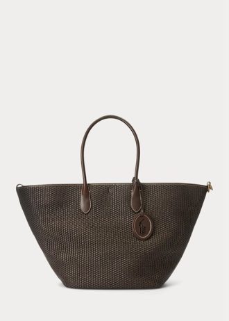 Grands sacs fourre-tout Bellport en paille et cuir Ralph Lauren pour femme en chocolat