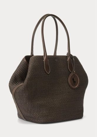 Grands sacs fourre-tout Bellport en paille et cuir Ralph Lauren pour femme en chocolat
