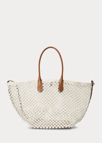 Grands sacs fourre-tout Bellport Ralph Lauren en cuir crocheté crème parchemin pour femme