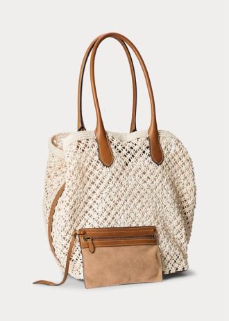 Grands sacs fourre-tout Bellport Ralph Lauren en cuir crocheté crème parchemin pour femme