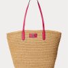 Grands sacs fourre-tout Brie en paille avec bordure en cuir Ralph Lauren pour femme, rose naturel/sport