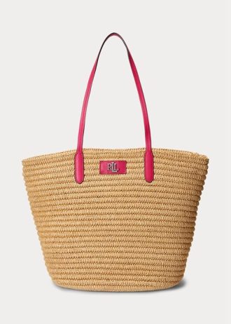 Grands sacs fourre-tout Brie en paille avec bordure en cuir Ralph Lauren pour femme, rose naturel/sport