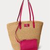 Grands sacs fourre-tout Brie en paille avec bordure en cuir Ralph Lauren pour femme, rose naturel/sport