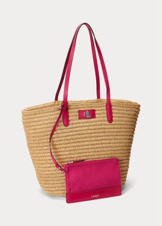 Grands sacs fourre-tout Brie en paille avec bordure en cuir Ralph Lauren pour femme, rose naturel/sport