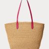 Grands sacs fourre-tout Brie en paille avec bordure en cuir Ralph Lauren pour femme, rose naturel/sport
