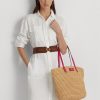 Grands sacs fourre-tout Brie en paille avec bordure en cuir Ralph Lauren pour femme, rose naturel/sport