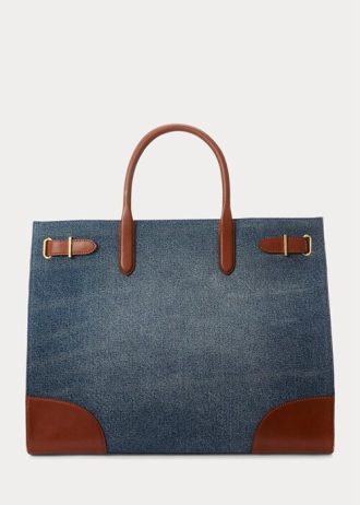 Grands sacs fourre-tout Devyn en denim à finitions en cuir pour femme Ralph Lauren, couleur indigo délavé/Lauren