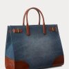 Grands sacs fourre-tout Devyn en denim à finitions en cuir pour femme Ralph Lauren, couleur indigo délavé/Lauren Grands sacs fourre-tout Devyn en denim à finitions en cuir pour femme Ralph Lauren, couleur indigo délavé/Lauren