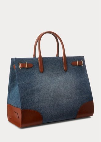 Grands sacs fourre-tout Devyn en denim à finitions en cuir pour femme Ralph Lauren, couleur indigo délavé/Lauren