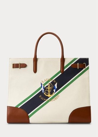 Grands sacs fourre-tout Devyn en toile imprimée Ralph Lauren à rayures naturelles/graphiques pour femme