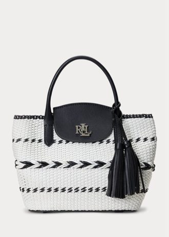 Grands sacs fourre-tout Perri en cuir tissé à motif géométrique Ralph Lauren noir/blanc neige pour femme