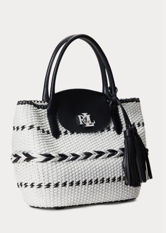 Grands sacs fourre-tout Perri en cuir tissé à motif géométrique Ralph Lauren noir/blanc neige pour femme