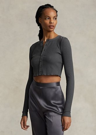 Hauts courts côtelés boutonnés gris pour femmes Ralph Lauren