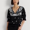 Hauts noirs à col noué en jersey brodé Ralph Lauren pour femme Hauts noirs à col noué en jersey brodé Ralph Lauren pour femme