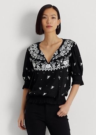 Hauts noirs à col noué en jersey brodé Ralph Lauren pour femme