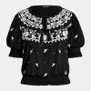 Hauts noirs à col noué en jersey brodé Ralph Lauren pour femme Hauts noirs à col noué en jersey brodé Ralph Lauren pour femme